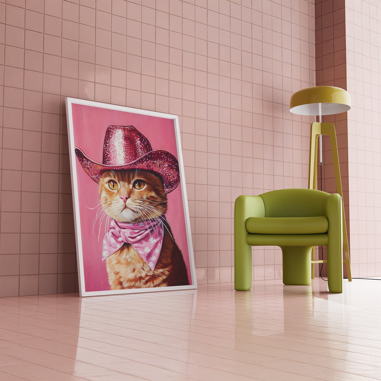 Orange Kitty Cat with Sequin Cowboy Hat and Scarf Matte Vertical Poster Art Print