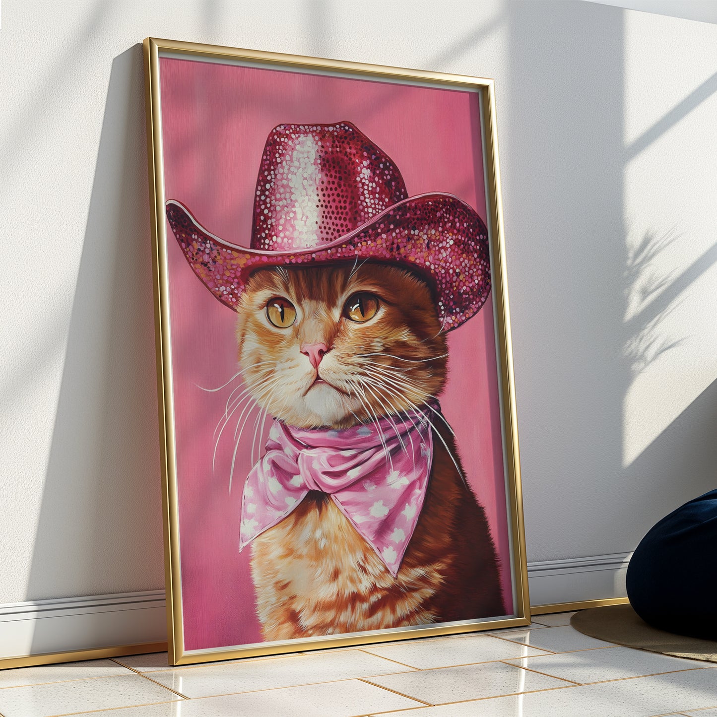 Orange Kitty Cat with Sequin Cowboy Hat and Scarf Matte Vertical Poster Art Print
