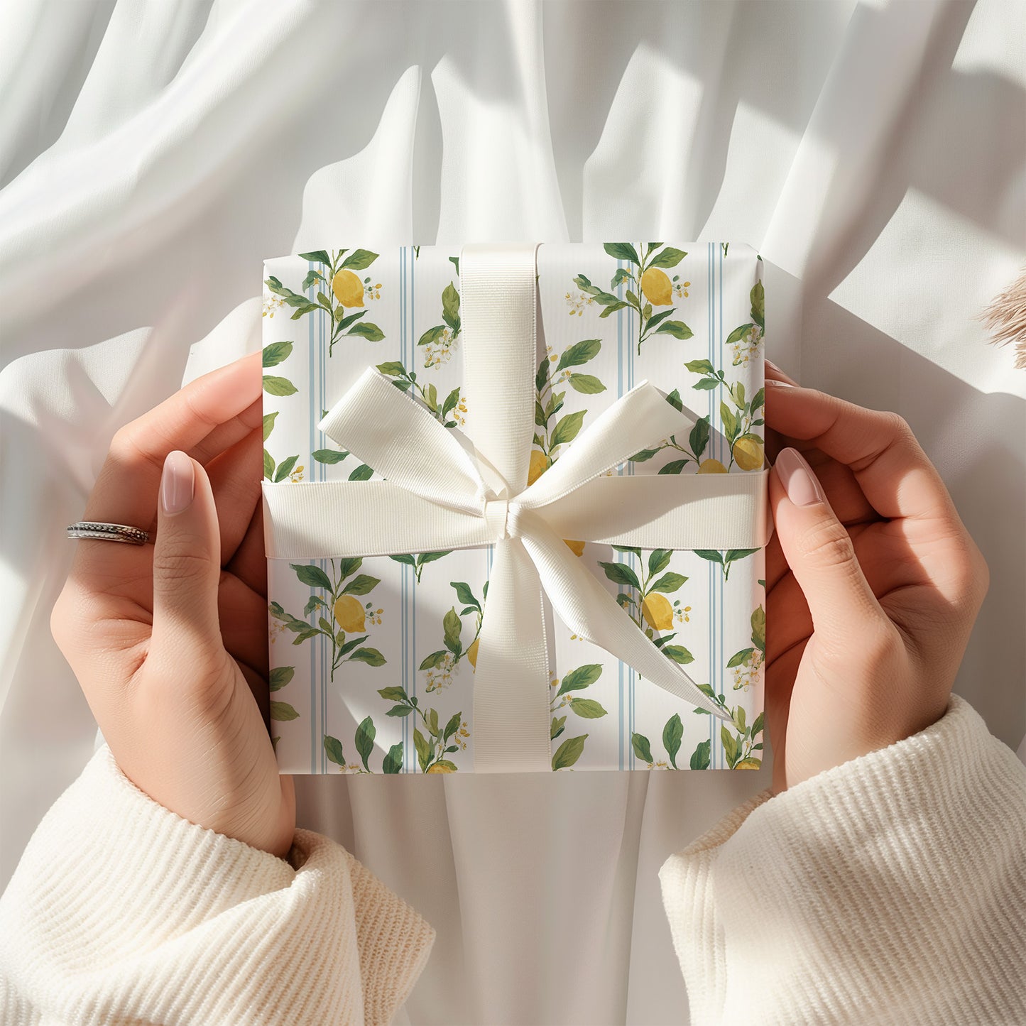 Lemons, Greenery and Blue Preppy Stripes Gift Wrapping Papers