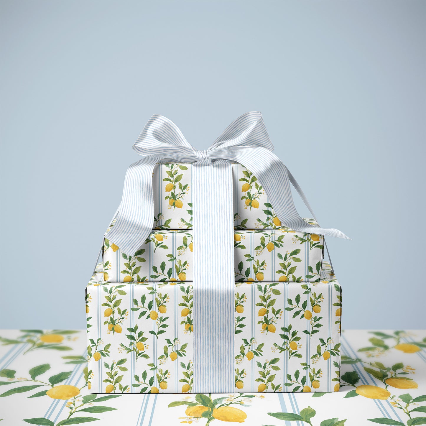 Lemons, Greenery and Blue Preppy Stripes Gift Wrapping Papers