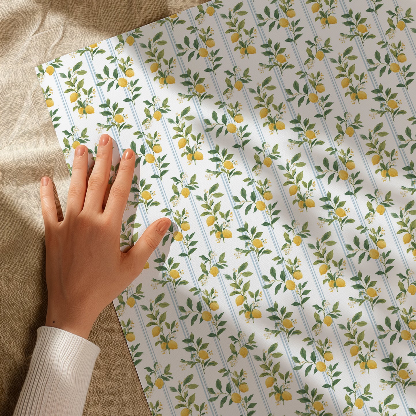 Lemons, Greenery and Blue Preppy Stripes Gift Wrapping Papers