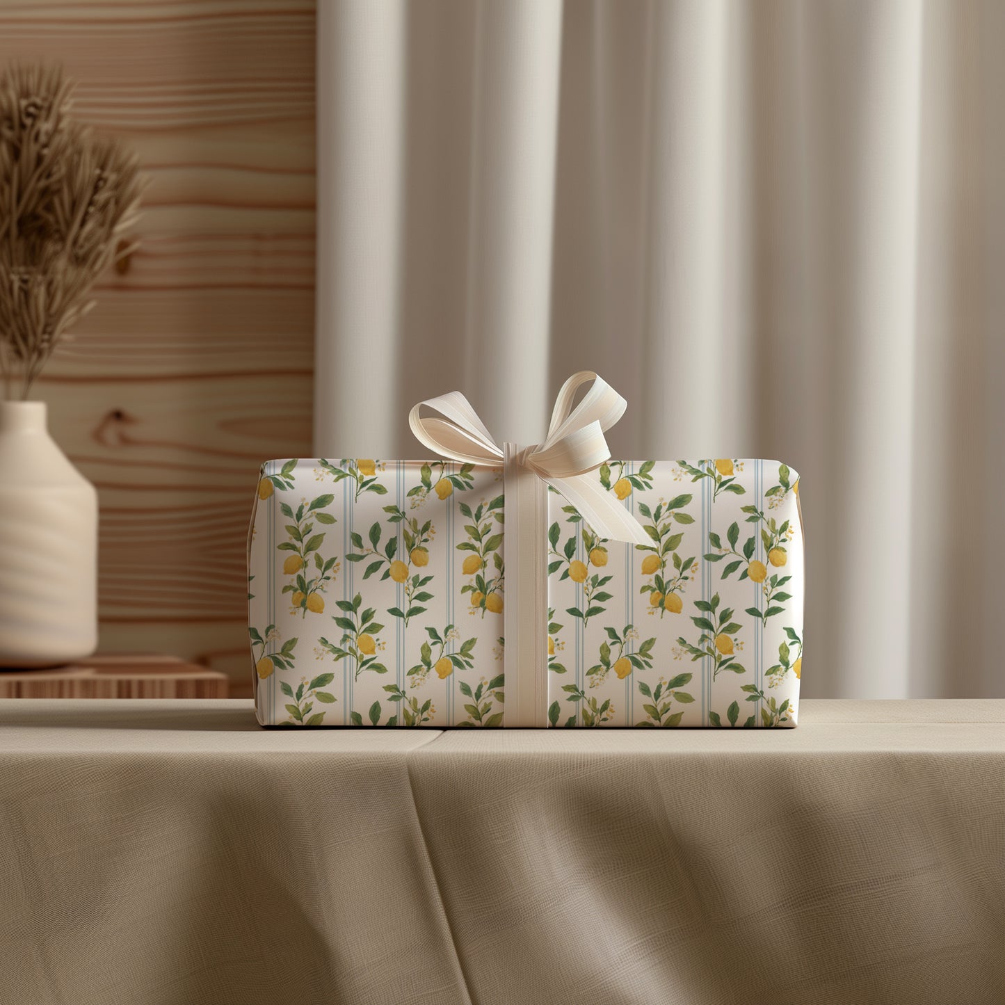 Lemons, Greenery and Blue Preppy Stripes Gift Wrapping Papers