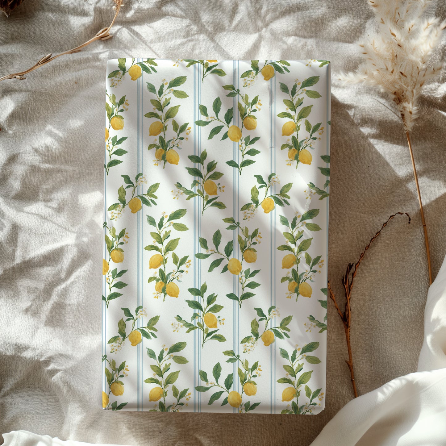 Lemons, Greenery and Blue Preppy Stripes Gift Wrapping Papers