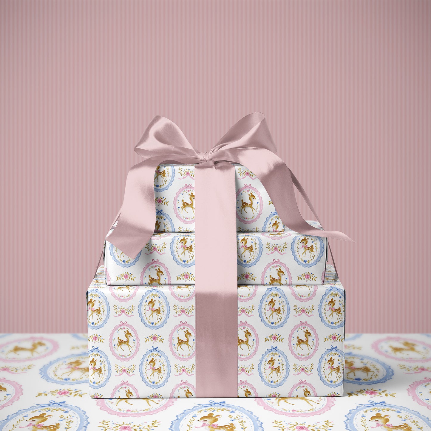 Cute Pink and Blue Coquette Deer Gift Wrapping Paper