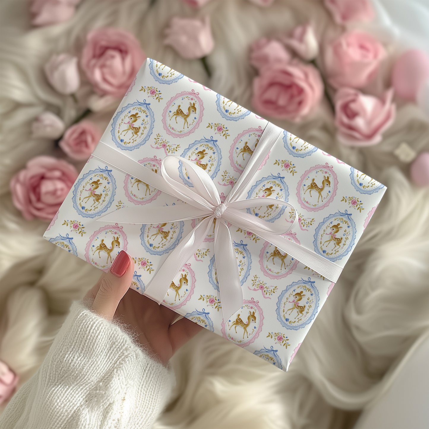 Cute Pink and Blue Coquette Deer Gift Wrapping Paper