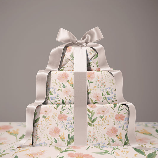 Delicate Blush Anemones Coreopsis Blooms with Blue Florals and Greenery Gift Wrapping Paper