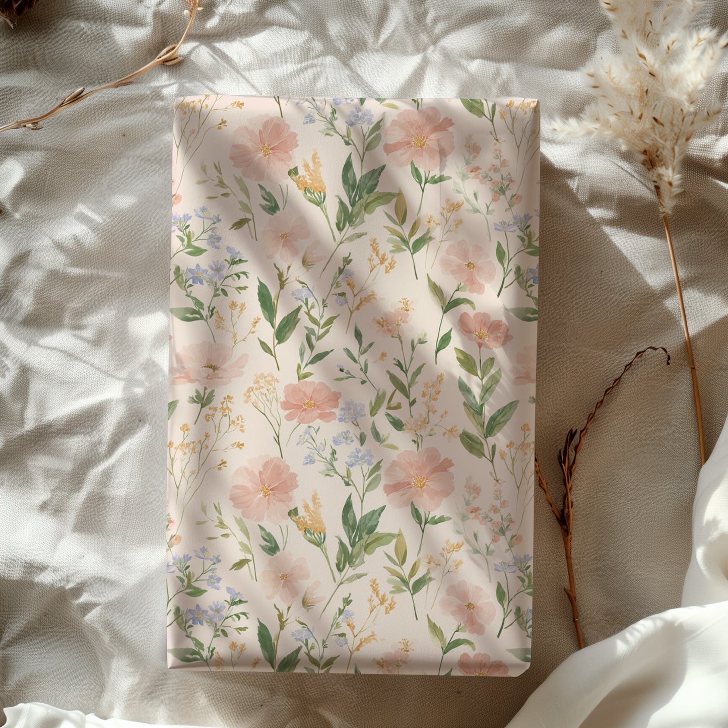 Delicate Blush Anemones Coreopsis Blooms with Blue Florals and Greenery Gift Wrapping Paper