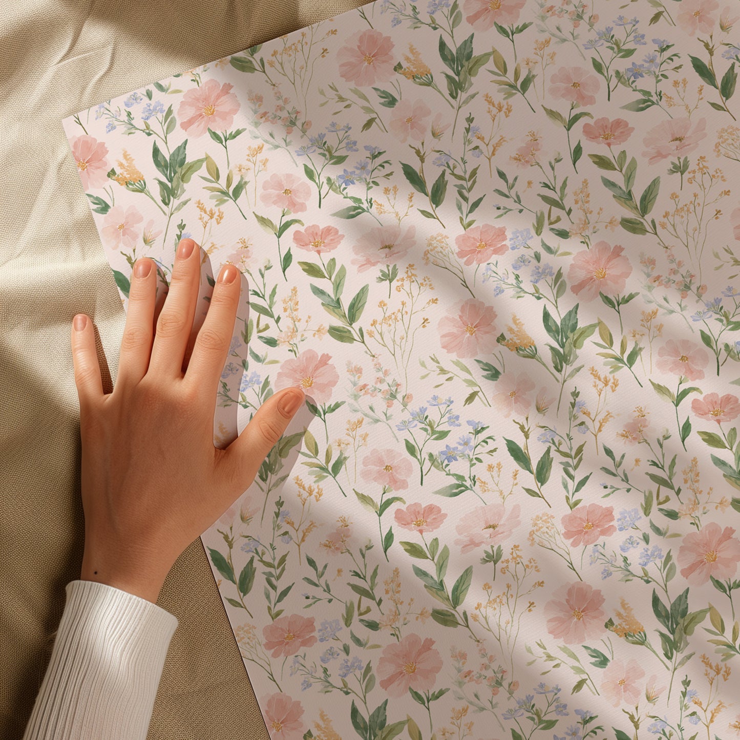 Delicate Blush Anemones Coreopsis Blooms with Blue Florals and Greenery Gift Wrapping Paper