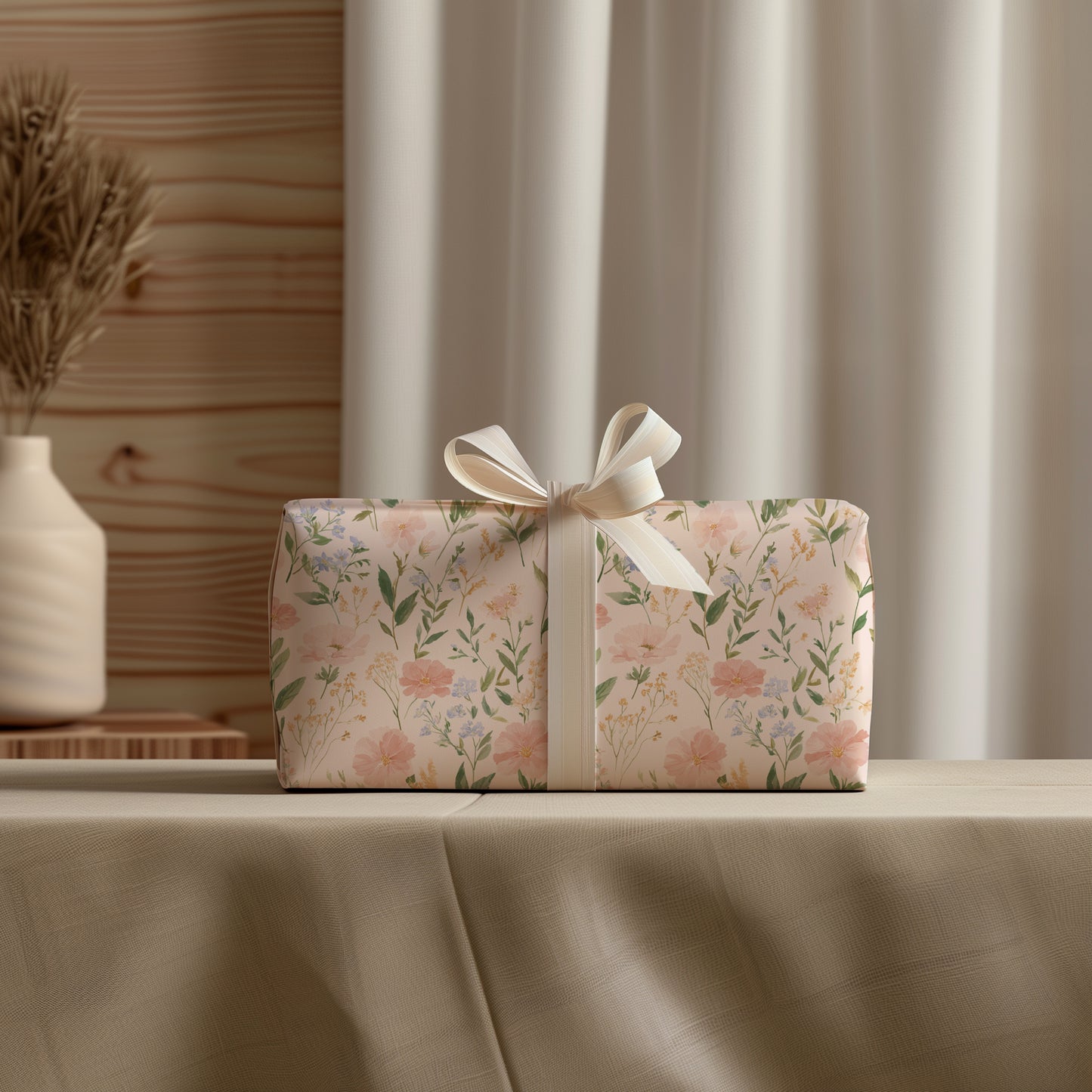 Delicate Blush Anemones Coreopsis Blooms with Blue Florals and Greenery Gift Wrapping Paper