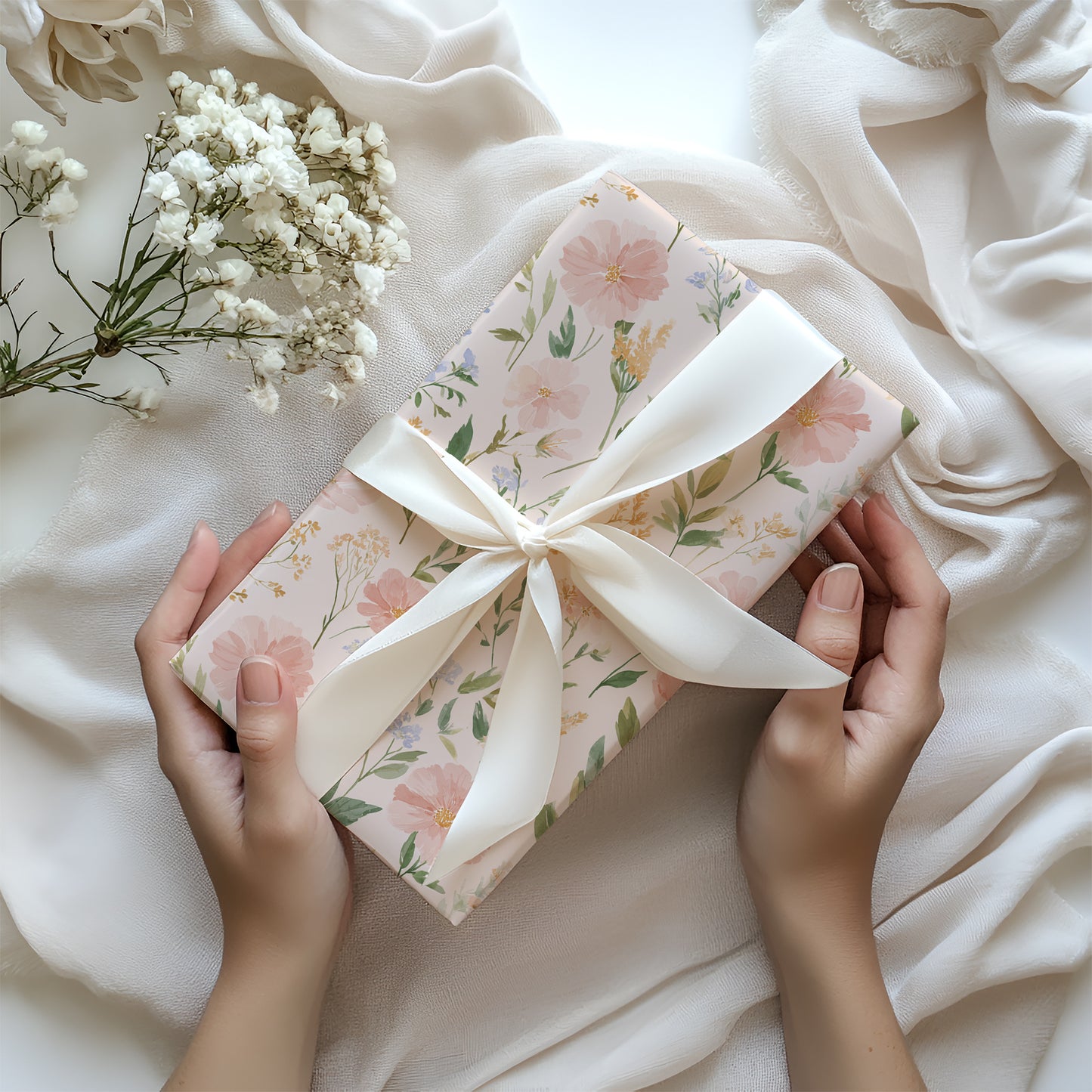 Delicate Blush Anemones Coreopsis Blooms with Blue Florals and Greenery Gift Wrapping Paper