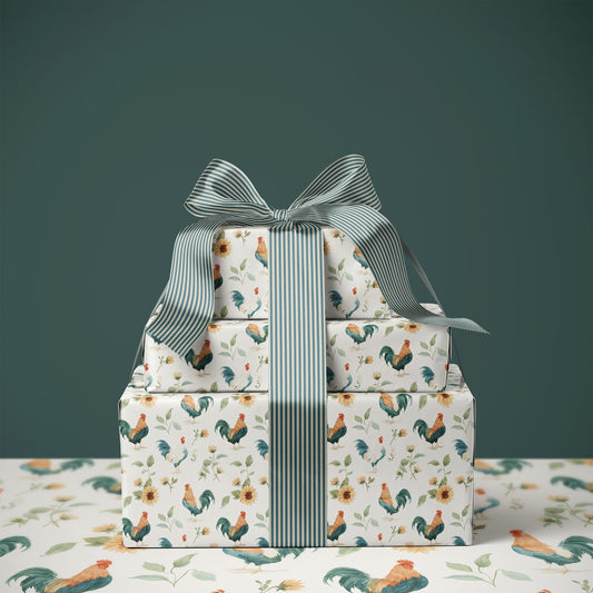 Roosters and Yellow Sunflower Gift Wrapping Paper