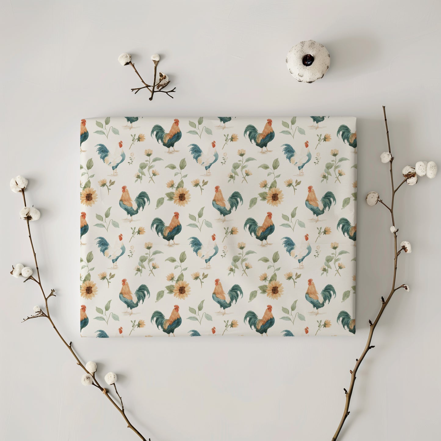 Roosters and Yellow Sunflower Gift Wrapping Paper