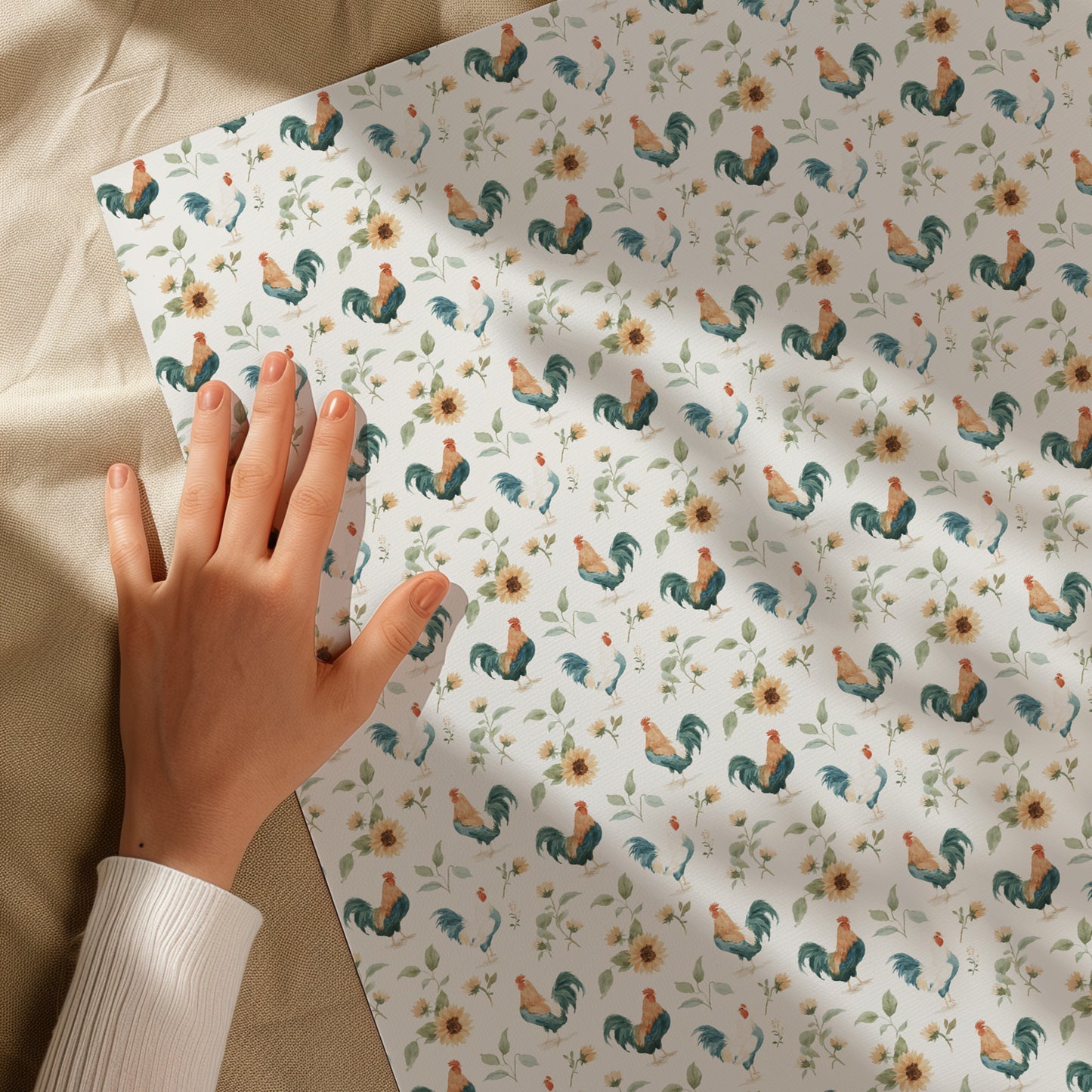 Roosters and Yellow Sunflower Gift Wrapping Paper