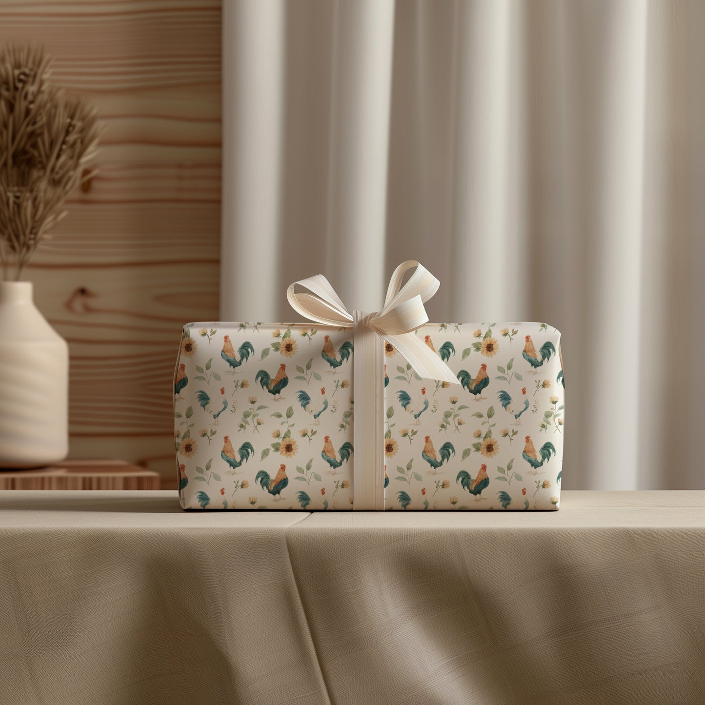 Roosters and Yellow Sunflower Gift Wrapping Paper