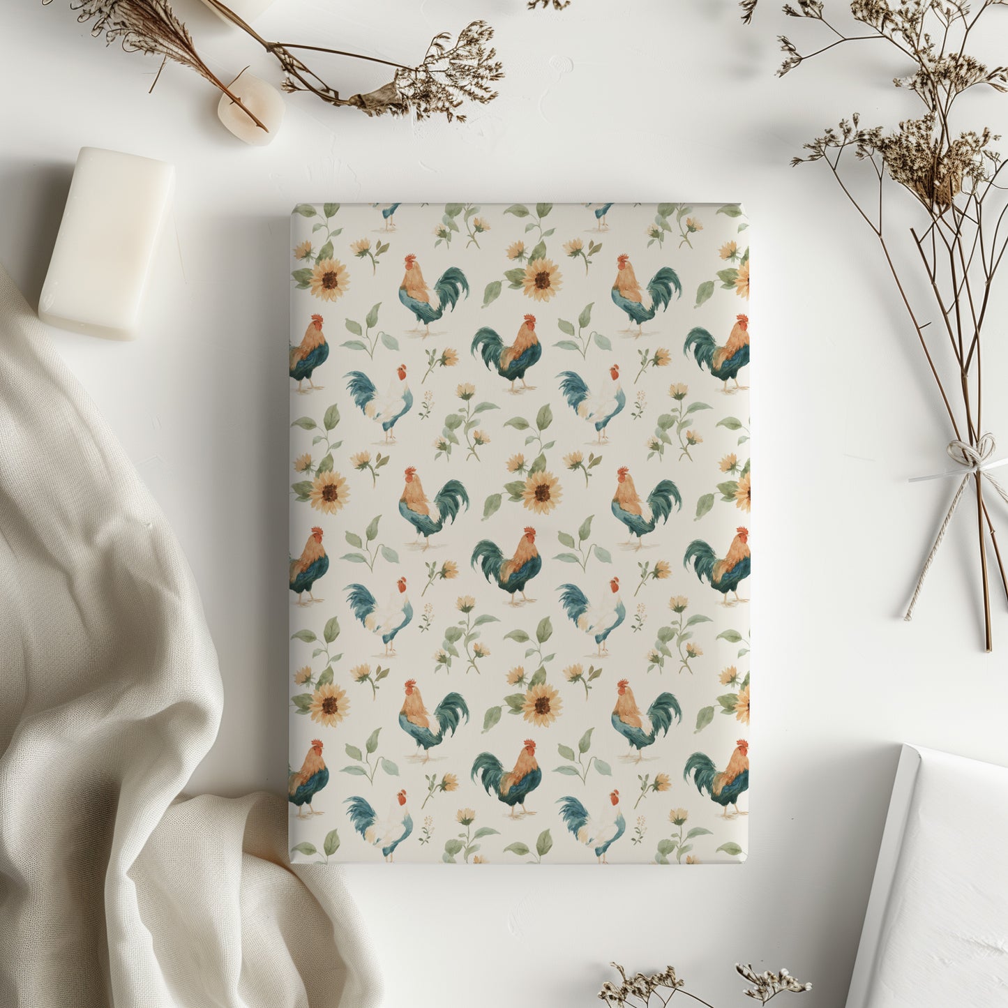 Roosters and Yellow Sunflower Gift Wrapping Paper