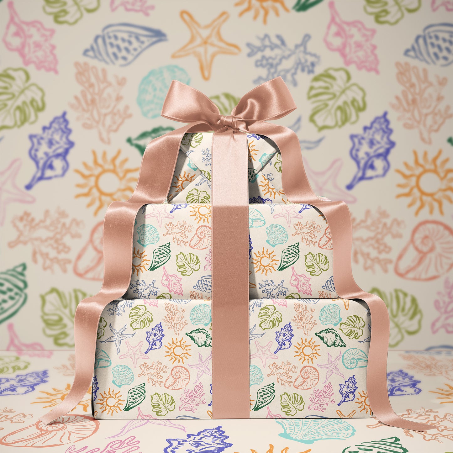 Colorful Doodle Summer Beach Seashell and Sun Gift Wrapping Paper