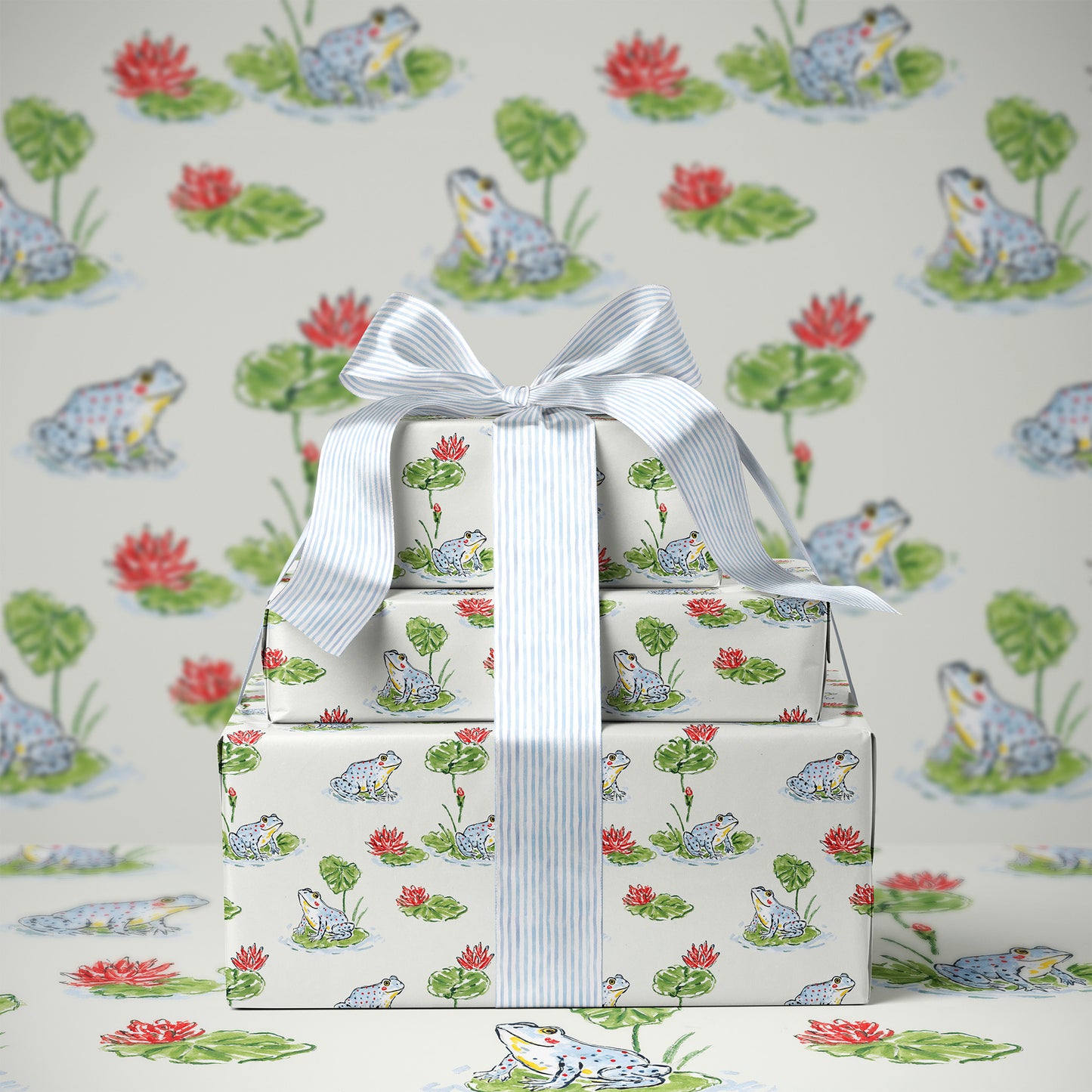 Whimsical Hand Drawn Frogs on Lily Pads Gift Wrapping Paper
