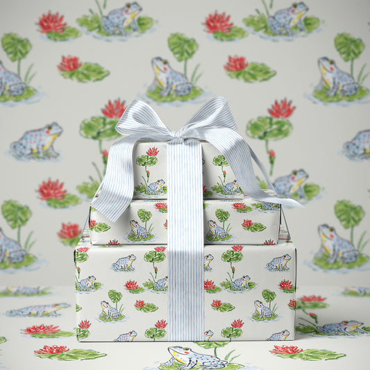 Whimsical Hand Drawn Frogs on Lily Pads Gift Wrapping Paper
