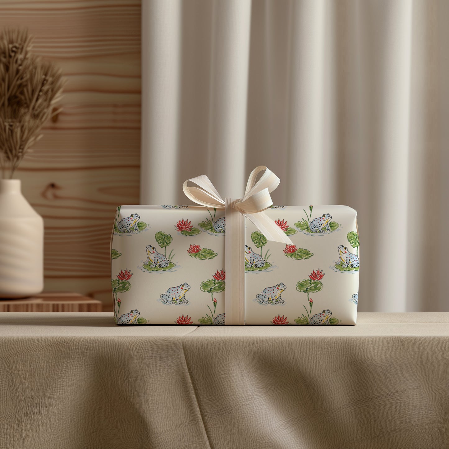 Whimsical Hand Drawn Frogs on Lily Pads Gift Wrapping Paper