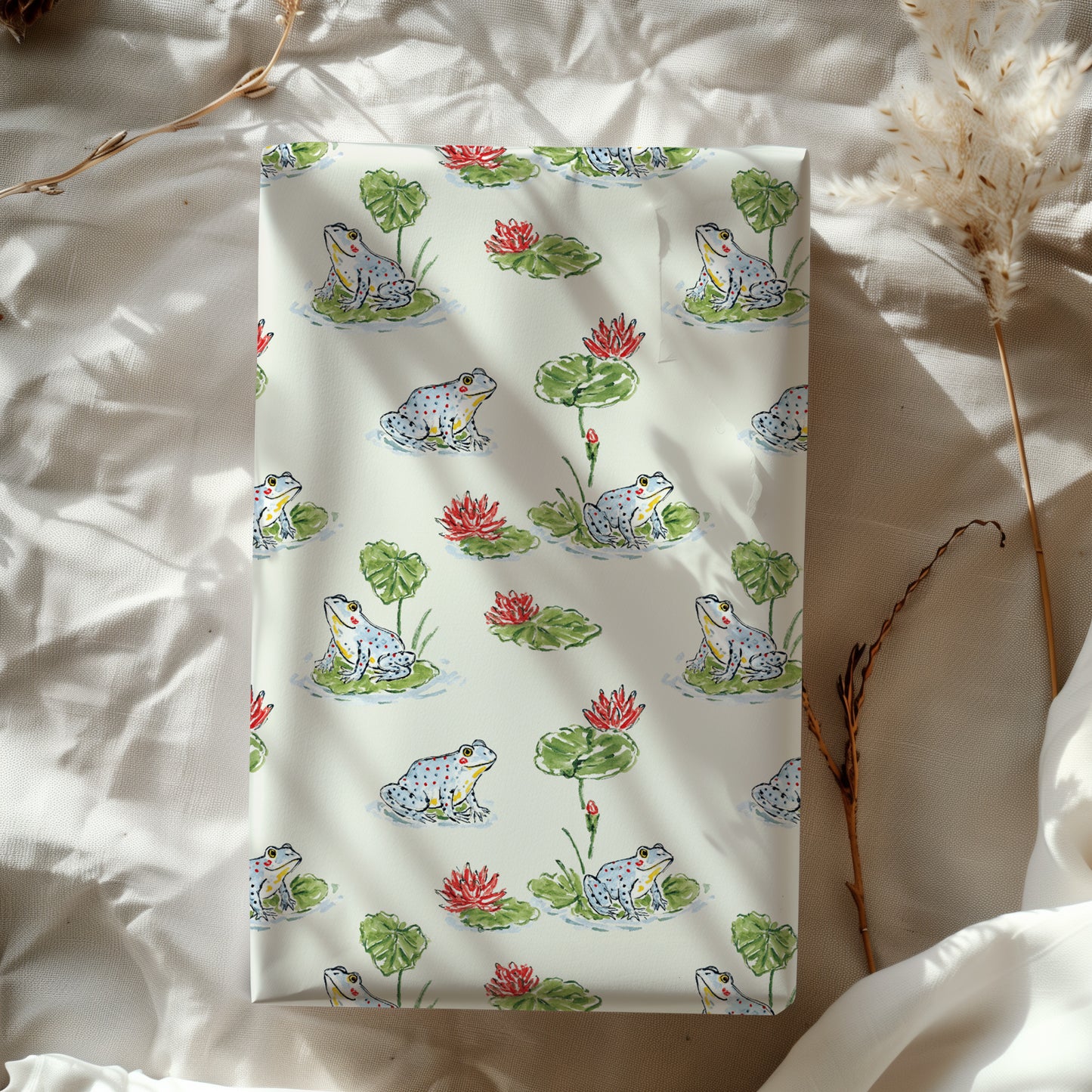 Whimsical Hand Drawn Frogs on Lily Pads Gift Wrapping Paper