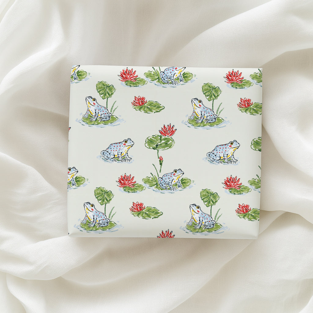 Whimsical Hand Drawn Frogs on Lily Pads Gift Wrapping Paper
