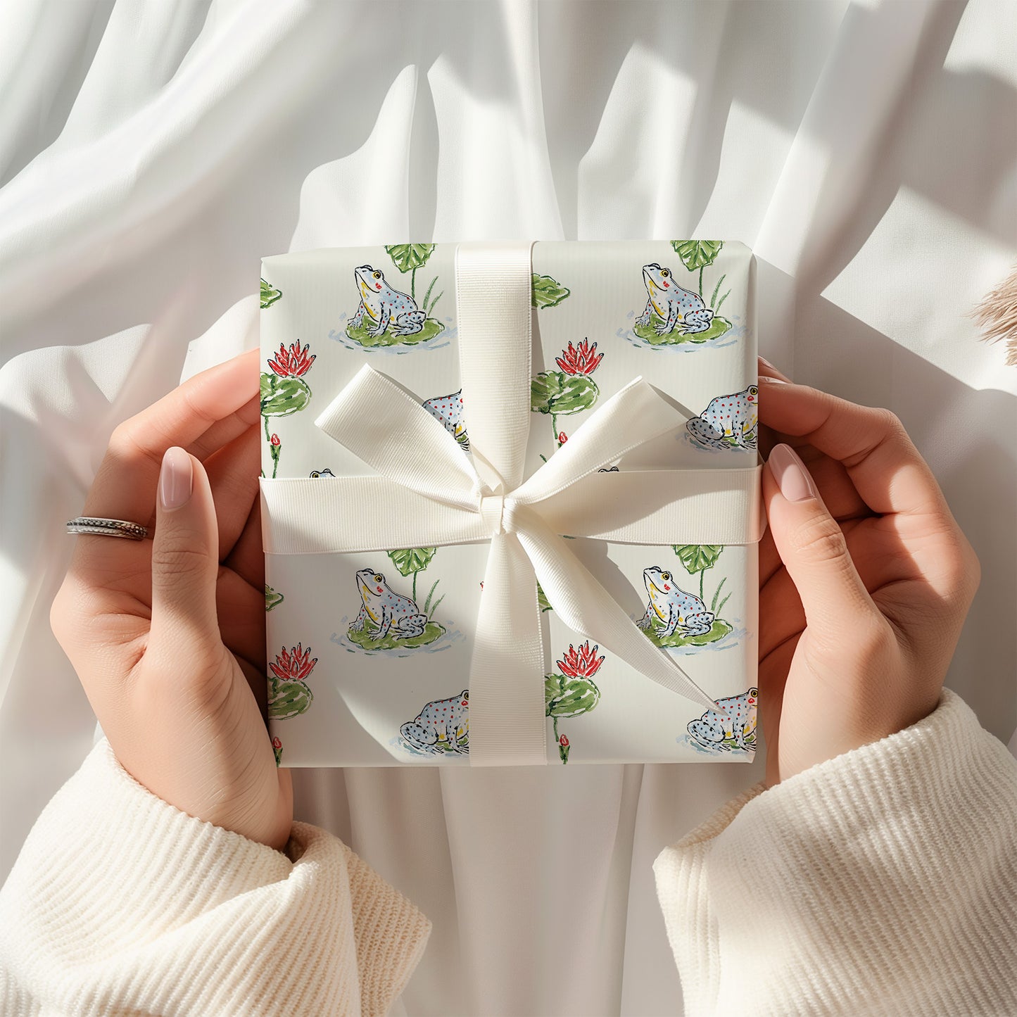 Whimsical Hand Drawn Frogs on Lily Pads Gift Wrapping Paper