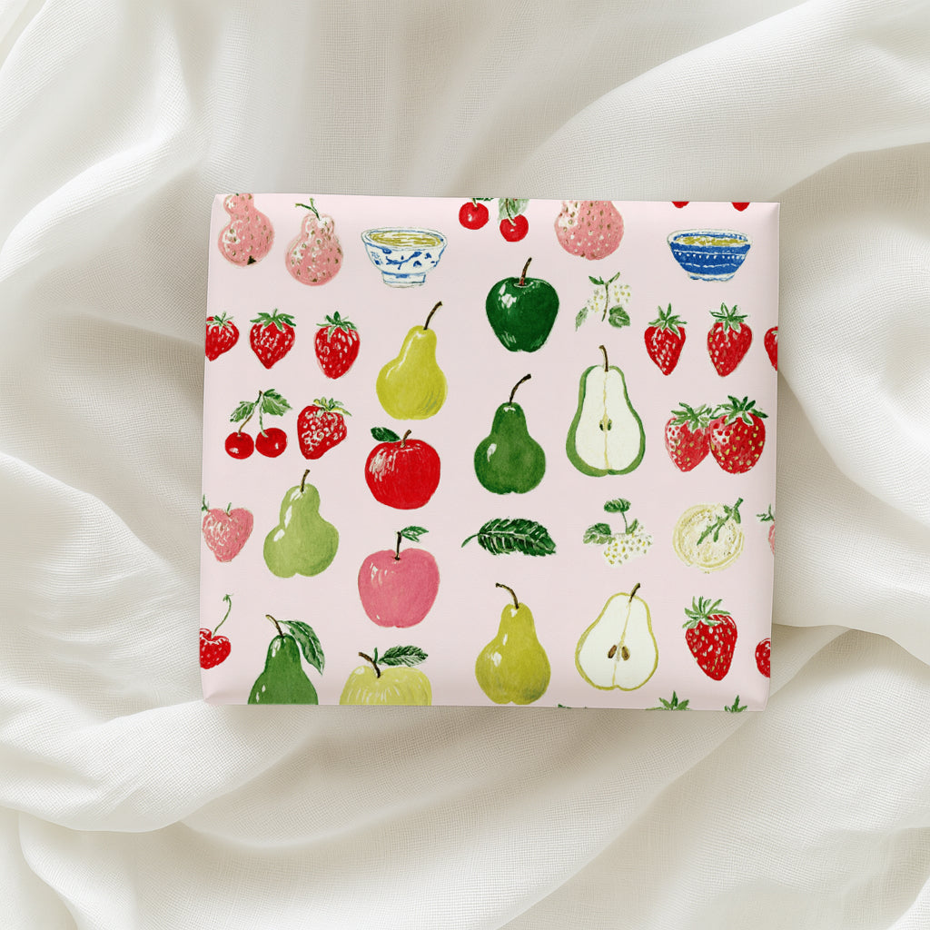 Apples, Pears and Strawberries Hand Drawn Whimsical Colorful Gift Wrapping Paper