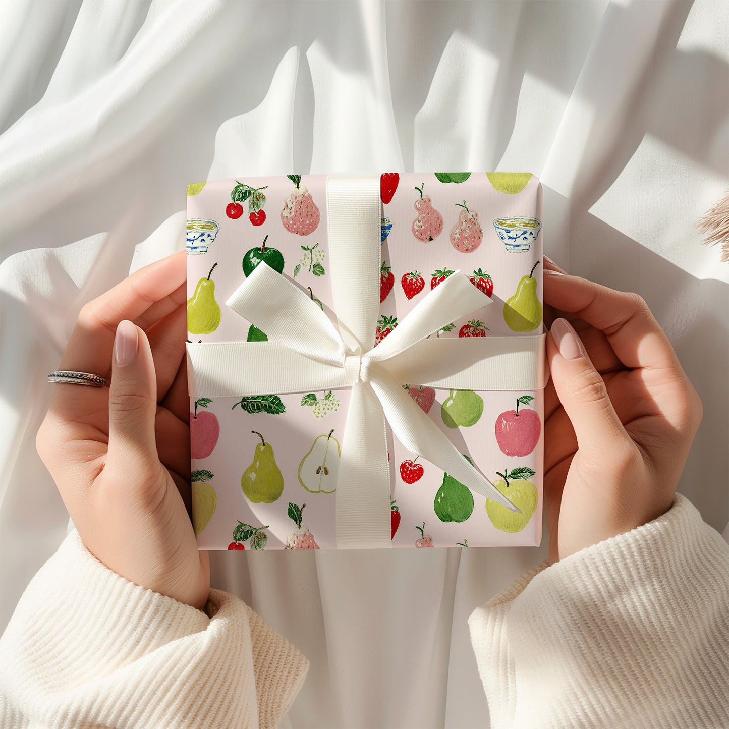 Apples, Pears and Strawberries Hand Drawn Whimsical Colorful Gift Wrapping Paper