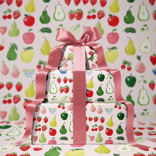 Apples, Pears and Strawberries Hand Drawn Whimsical Colorful Gift Wrapping Paper