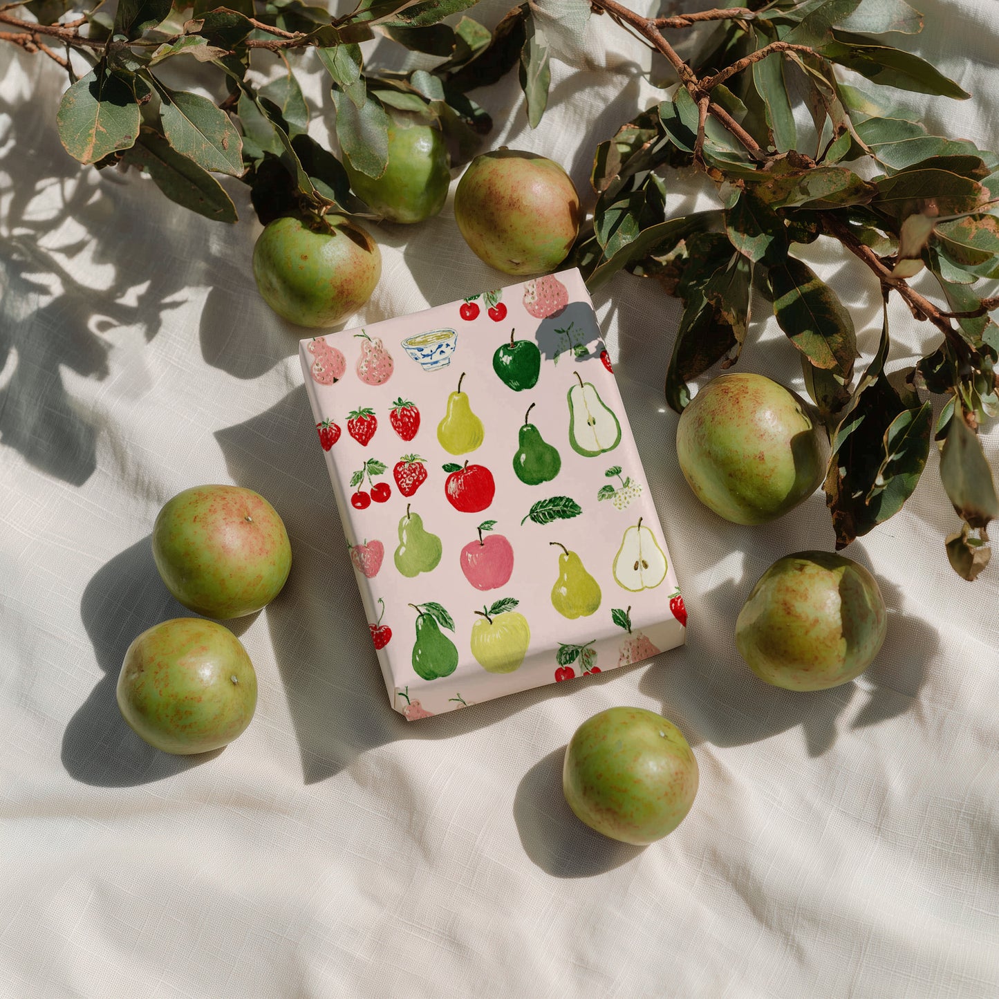 Apples, Pears and Strawberries Hand Drawn Whimsical Colorful Gift Wrapping Paper