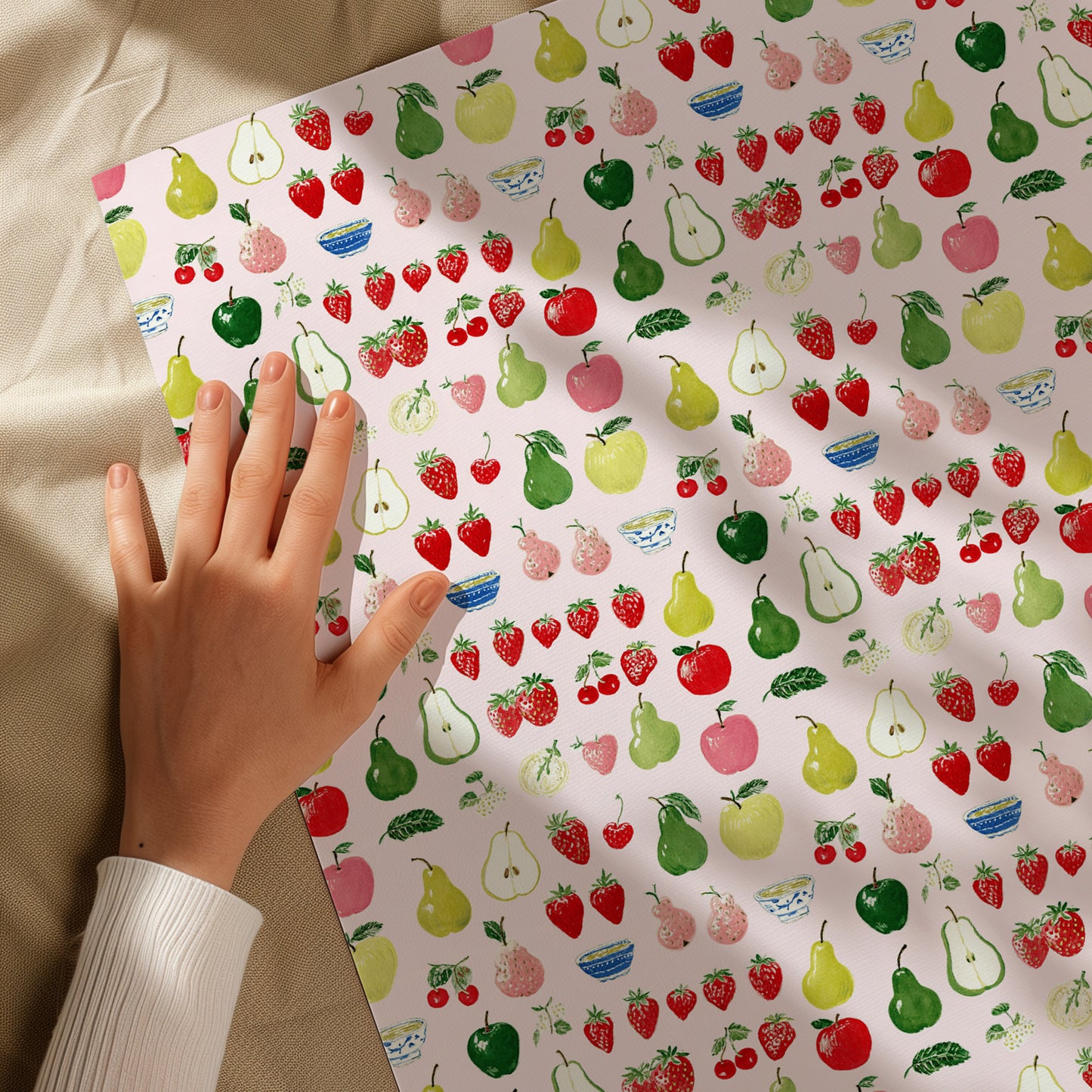 Apples, Pears and Strawberries Hand Drawn Whimsical Colorful Gift Wrapping Paper
