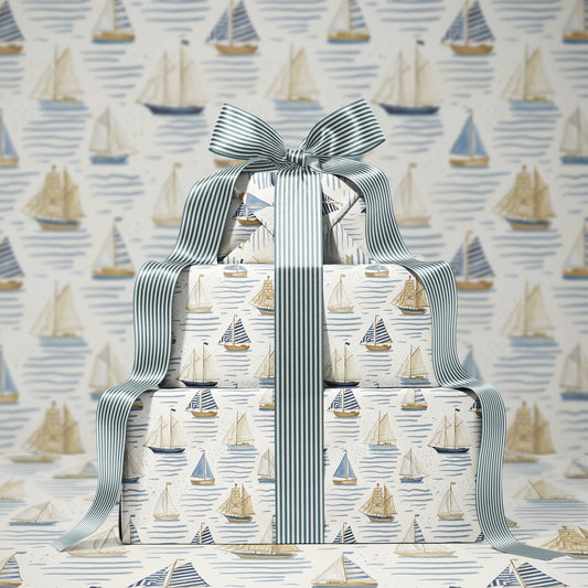 Vintage Sailboat Blue and Beige Toned Gift Wrapping Paper