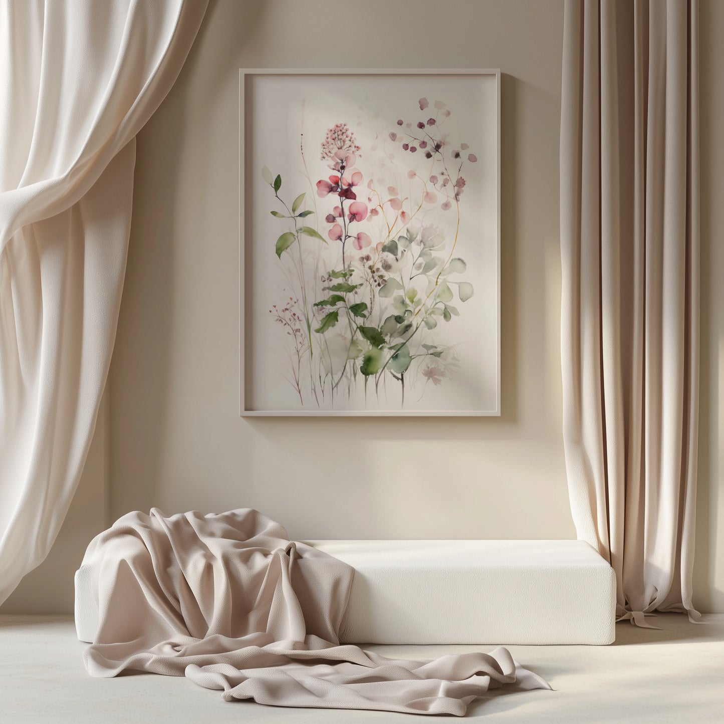 Ethereal Delicate Pink Raspberry Floral Blooms with Greenery Matte Vertical Poster Art Print