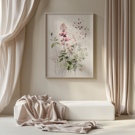 Ethereal Delicate Pink Raspberry Floral Blooms with Greenery Matte Vertical Poster Art Print