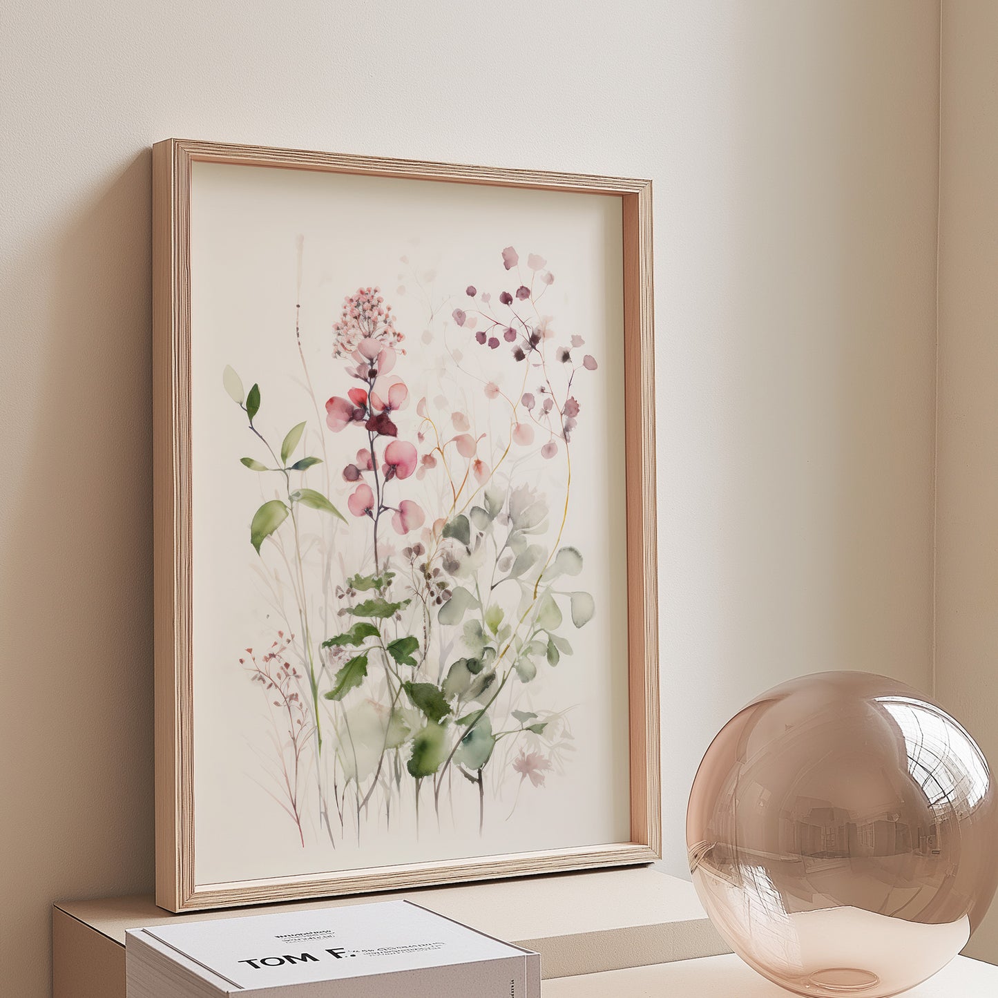 Ethereal Delicate Pink Raspberry Floral Blooms with Greenery Matte Vertical Poster Art Print