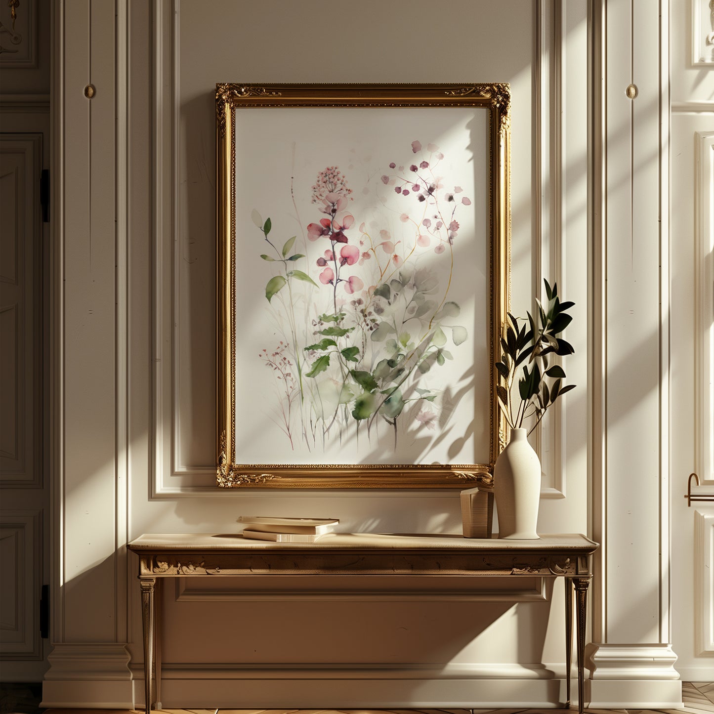 Ethereal Delicate Pink Raspberry Floral Blooms with Greenery Matte Vertical Poster Art Print