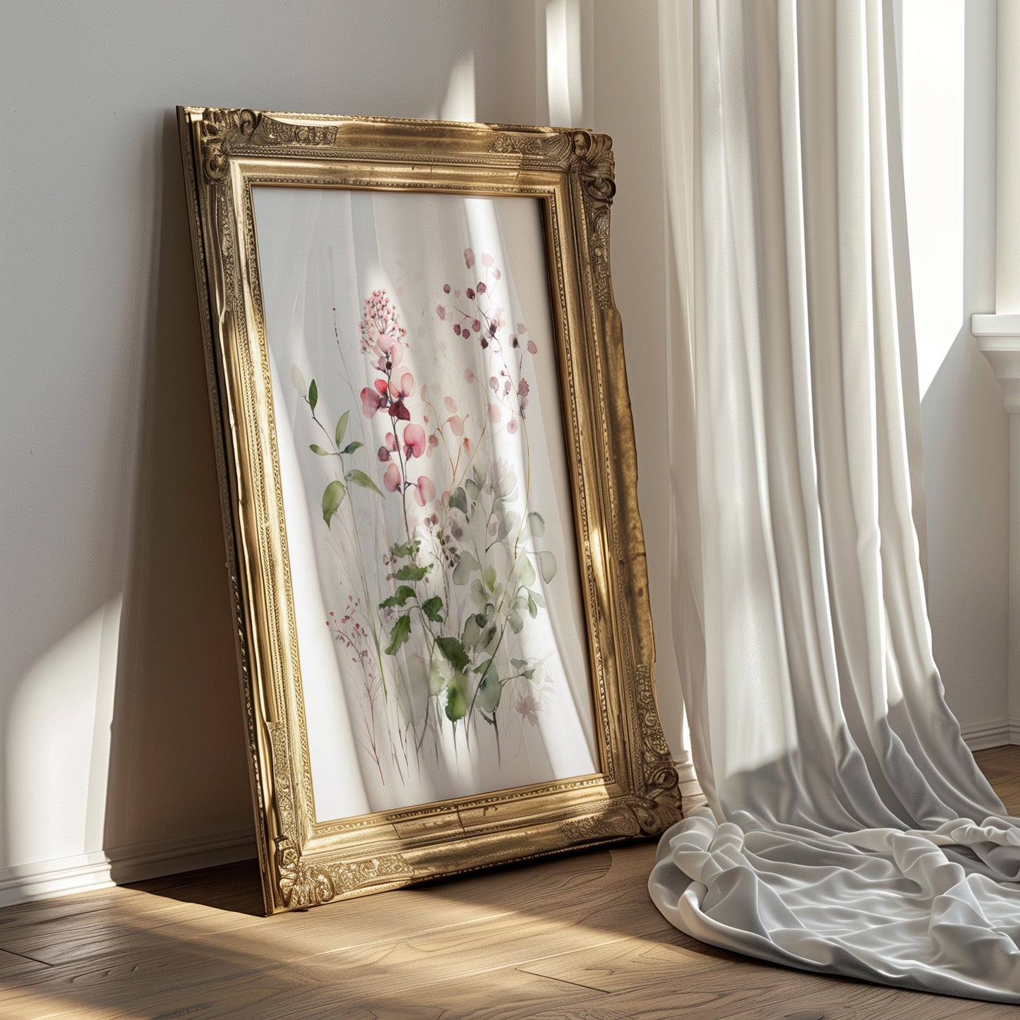 Ethereal Delicate Pink Raspberry Floral Blooms with Greenery Matte Vertical Poster Art Print
