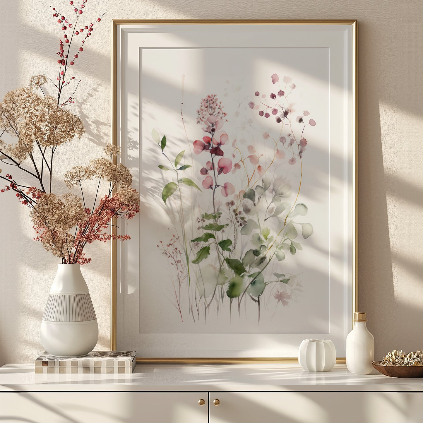 Ethereal Delicate Pink Raspberry Floral Blooms with Greenery Matte Vertical Poster Art Print