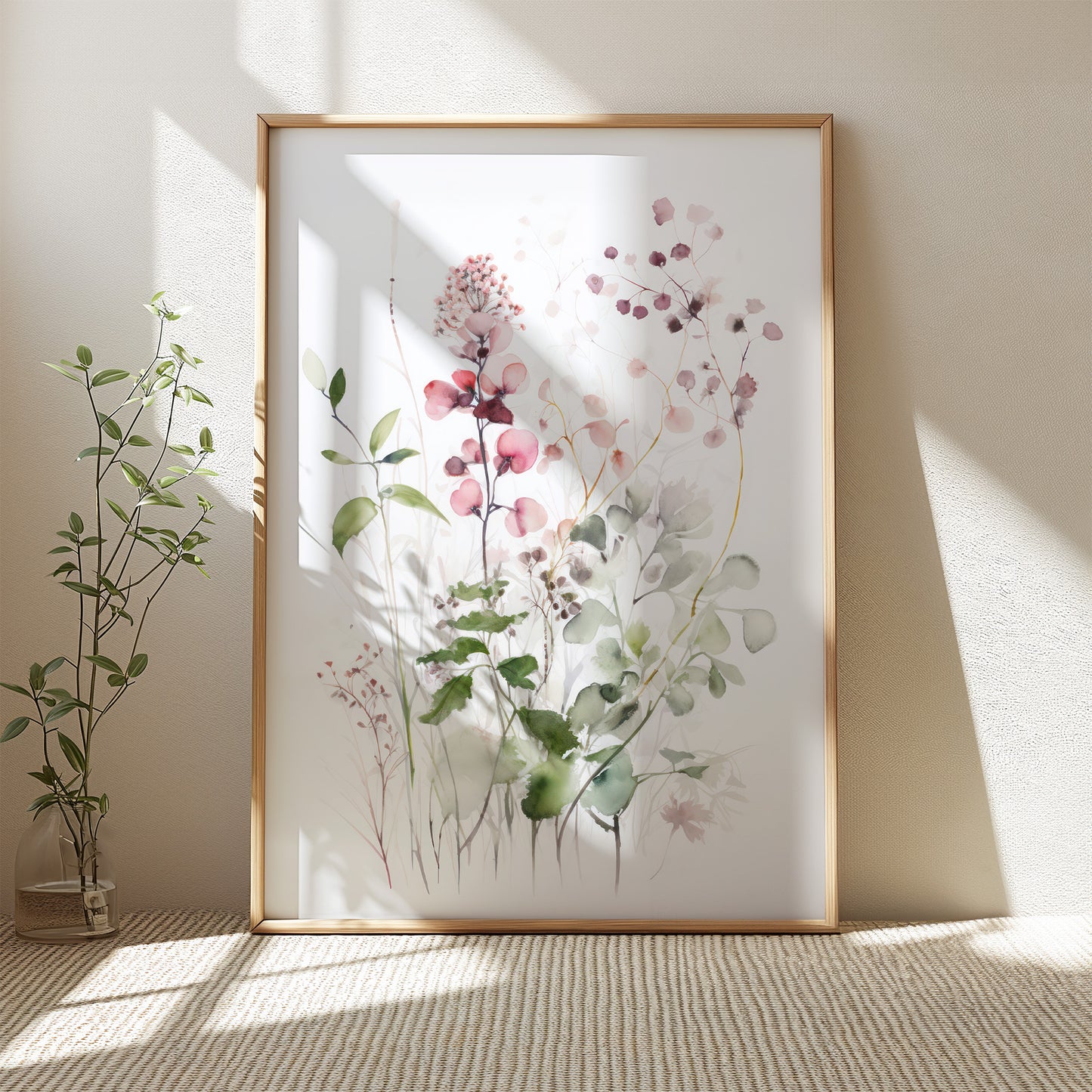 Ethereal Delicate Pink Raspberry Floral Blooms with Greenery Matte Vertical Poster Art Print