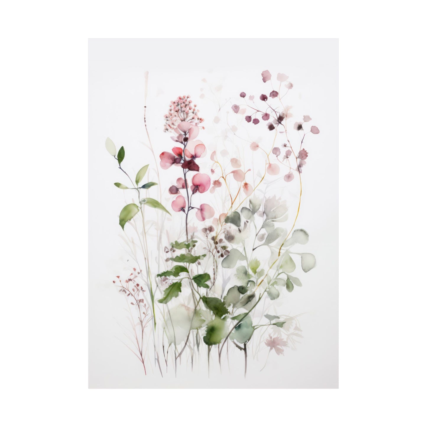 Ethereal Delicate Pink Raspberry Floral Blooms with Greenery Matte Vertical Poster Art Print