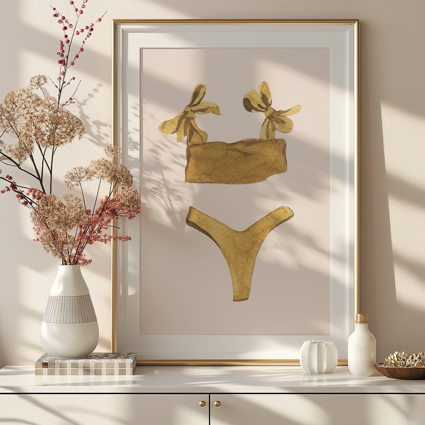 Mustard Coquette Bow Bikini Watercolor Matte Vertical Poster Art Print