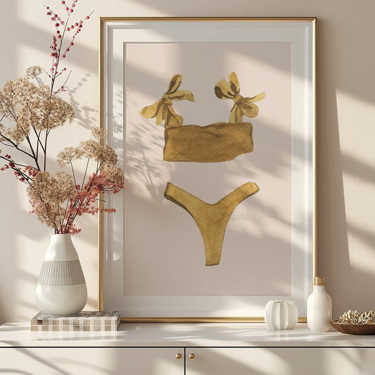 Mustard Coquette Bow Bikini Watercolor Matte Vertical Poster Art Print