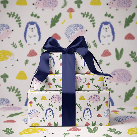 Whimsical Hedgehog & Mushroom Cottage Core Gift Wrapping Paper