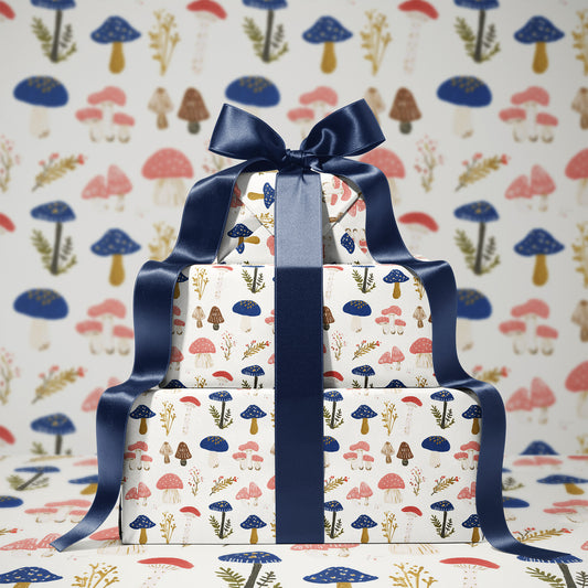 Whimsical Pink, Blue and Red Mushrooms & Greenery Cottage Core Gift Wrapping Paper