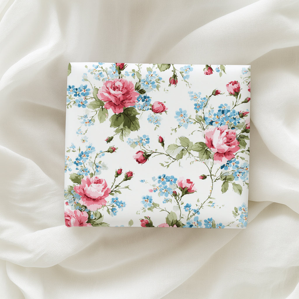 Delicate Pink English Garden Rose & Baby Blue Bloom Vintage Floral Style Gift Wrapping Paper