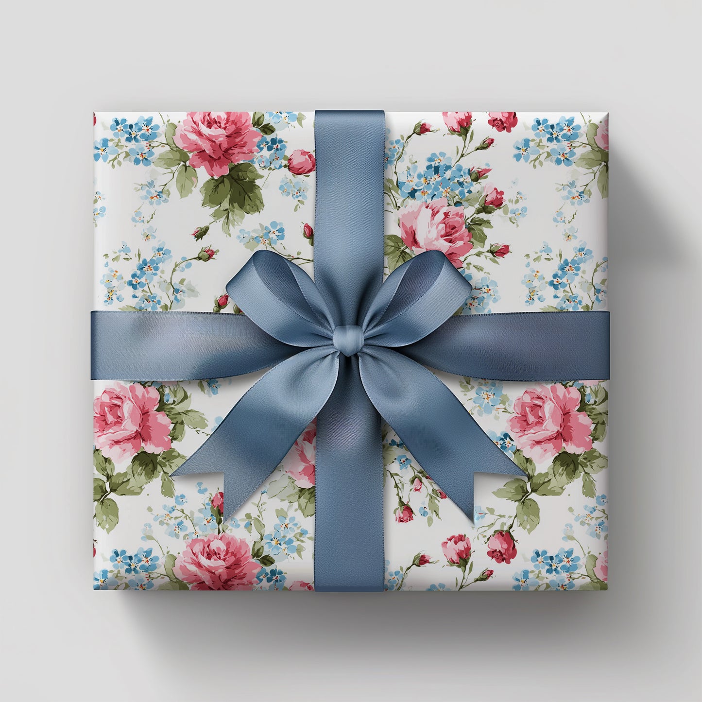 Delicate Pink English Garden Rose & Baby Blue Bloom Vintage Floral Style Gift Wrapping Paper