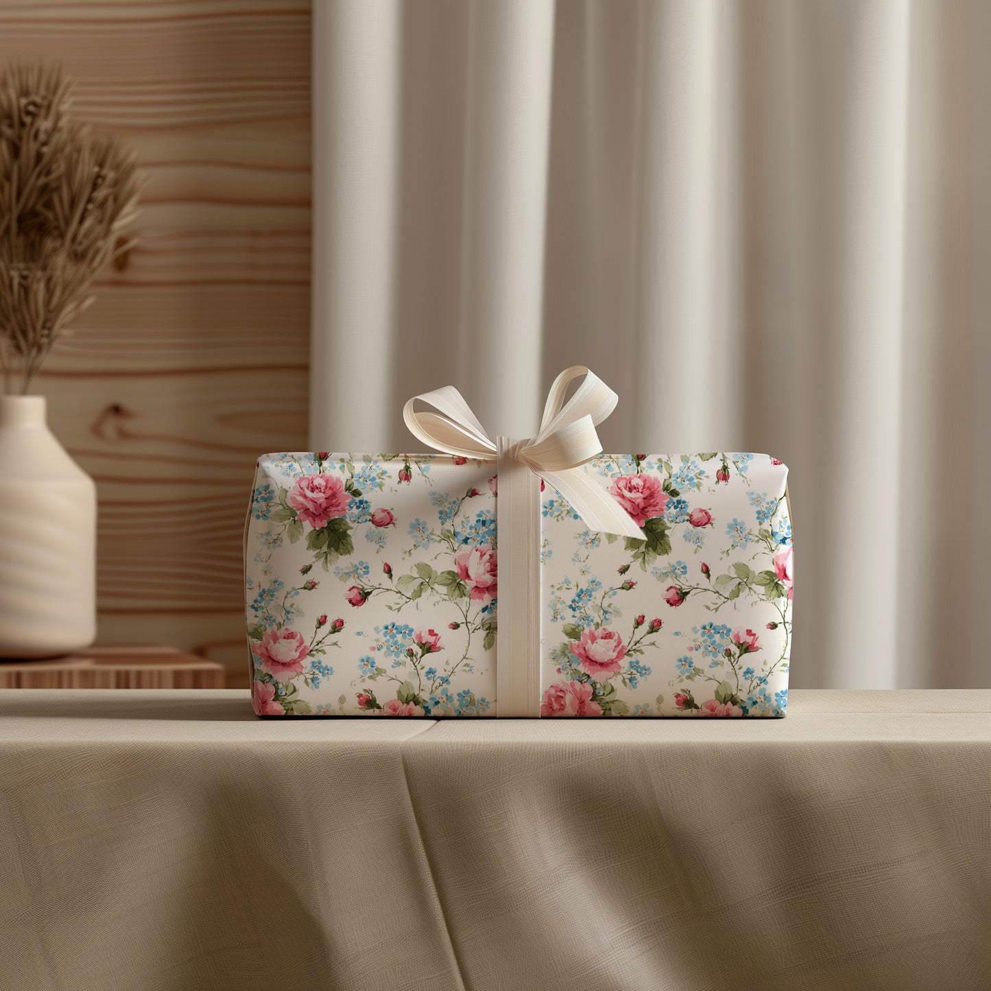 Delicate Pink English Garden Rose & Baby Blue Bloom Vintage Floral Style Gift Wrapping Paper