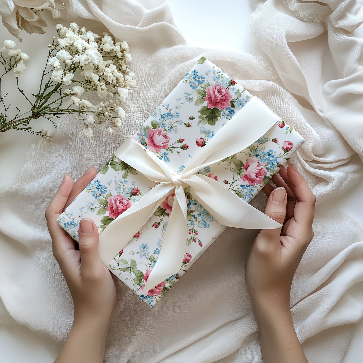 Delicate Pink English Garden Rose & Baby Blue Bloom Vintage Floral Style Gift Wrapping Paper