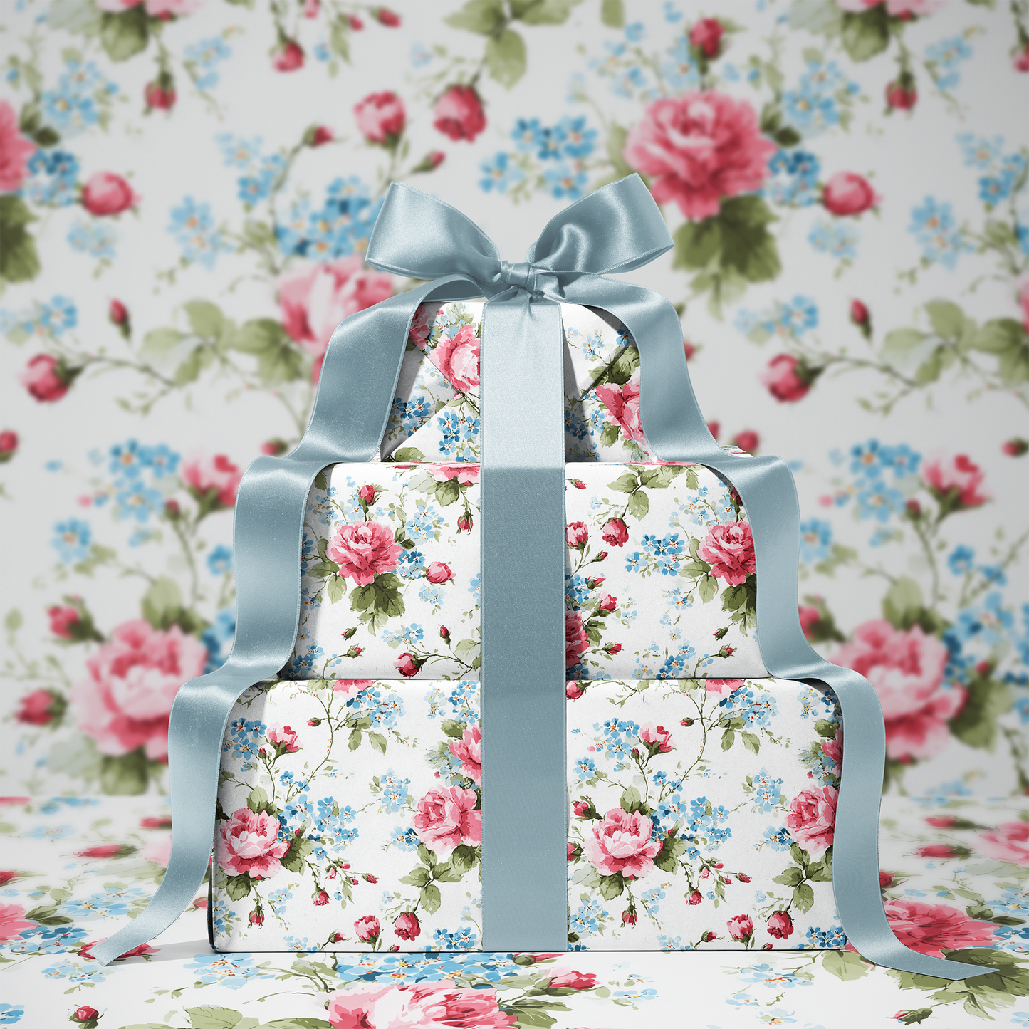 Delicate Pink English Garden Rose & Baby Blue Bloom Vintage Floral Style Gift Wrapping Paper