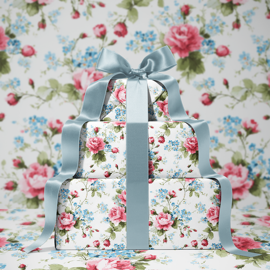 Delicate Pink English Garden Rose & Baby Blue Bloom Vintage Floral Style Gift Wrapping Paper